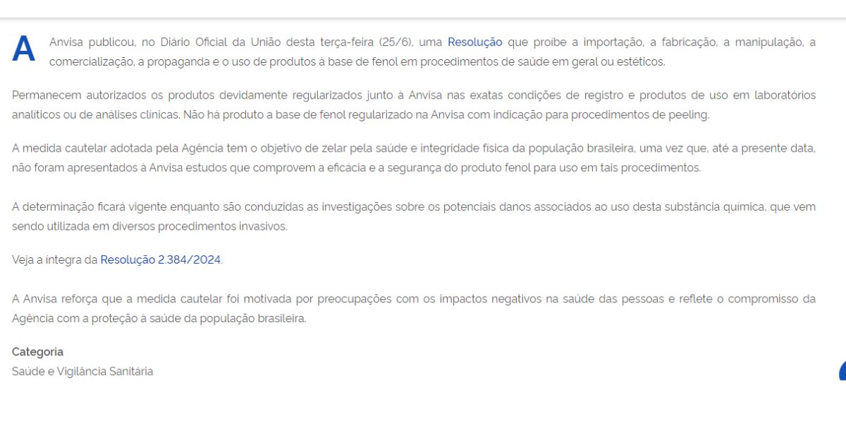 Alerta da Anvisa sobre o fenol (Reprodução: Anvisa)