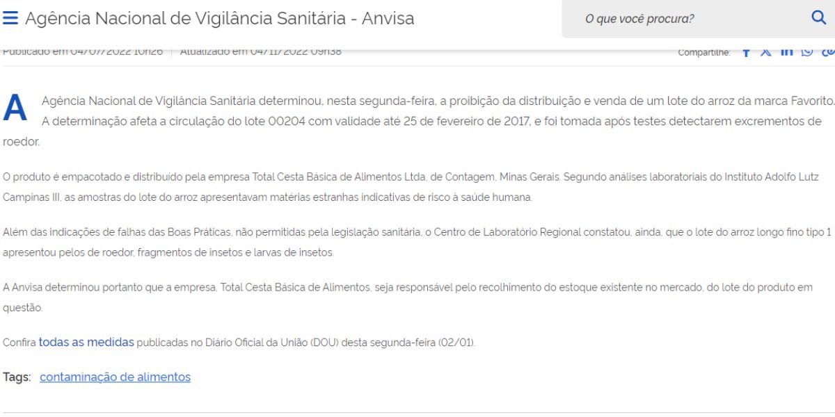 O alerta da Anvisa contra o lote do arroz (Reprodução: Anvisa)