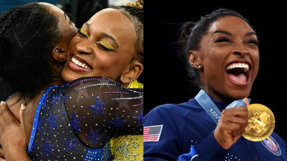 Brasileira abraça rival amricana ao fim da competição da semana passada. Gringaleva o ouro (Fotos: Reprodução/ Loic Vanance/ AFP/ Naomi Baker/ Getty Images/ Montagem TV Foco)