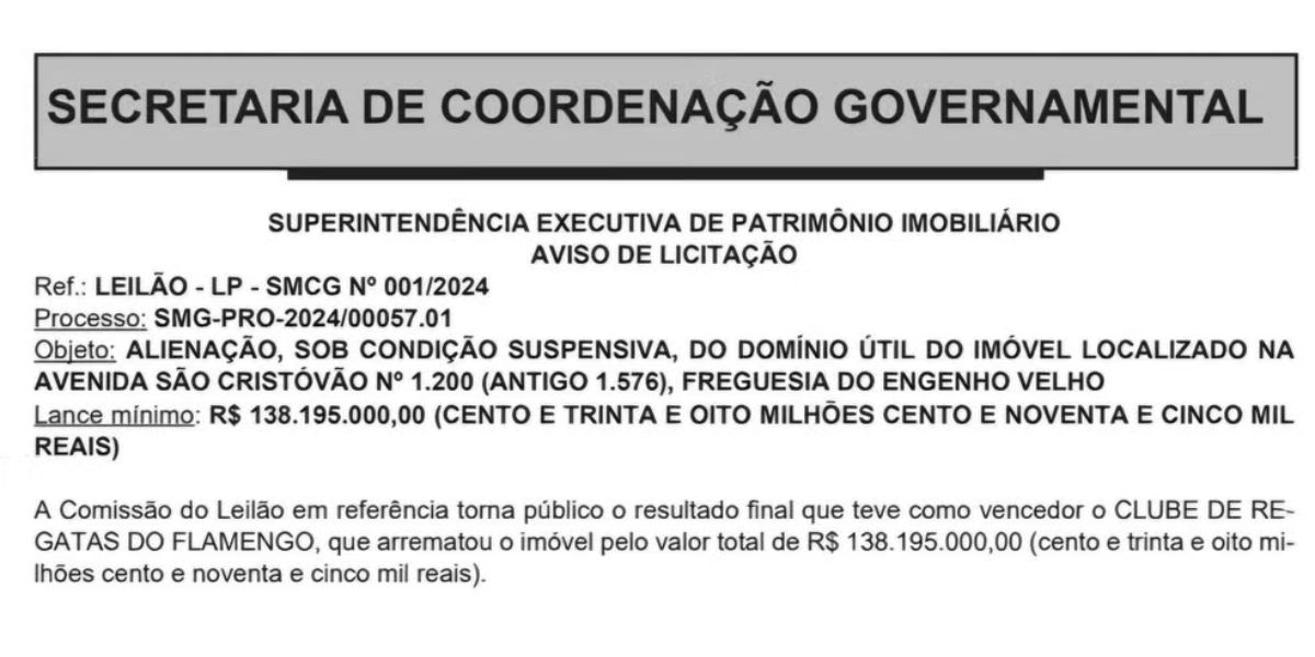 Oficialização do pagamento feito pelo Flamengo (Reprodução: Diário Oficial)