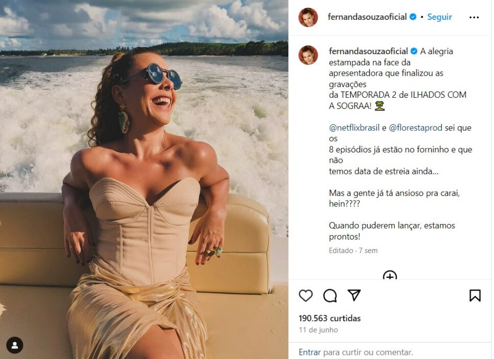 Fernanda Souza apresenta o Ilhados com a Sogra da Netflix (Foto: Reprodução/Instagram)