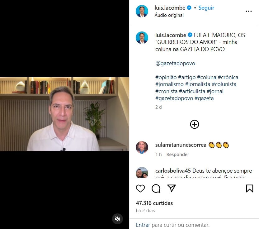 É assim que o jornalista e apoiador do Bolsonaro está hoje em dia após ser demitido (Foto: Reprodução/Instagram)