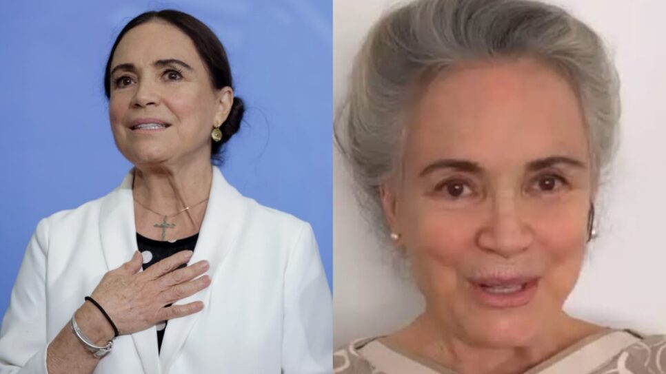 A atriz Regina Duarte quando largou a Globo e hoje em dia nas redes sociais (Fotos: Reprodução/ Instagram/ Montagem)