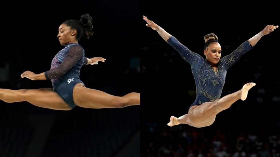 Americana Simone Biles (esquerda) e brasileira Rebeca Andrade (direita) em duelo nas Olimpíadas de Paris 2024 (Fotos: Reprodução/ Jamie Squire/ Getty Images/ Montagem TV Foco)