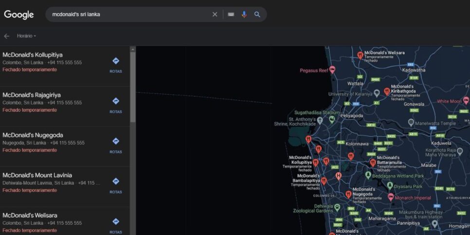 Situação atual do Mc Donald's no Siri Lanka em tempo real (Foto Reprodução/Internet)
