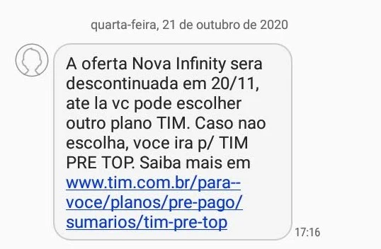 SMS com comunicado da Tim