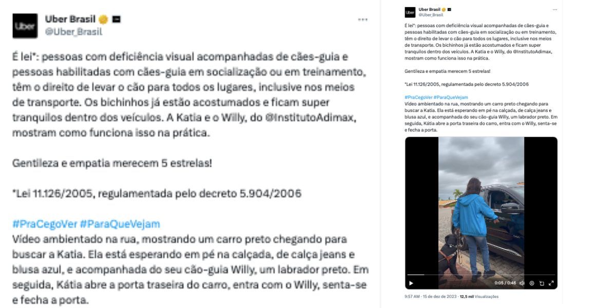 Anúncio da Uber sobre a lei que garante o cão-guia nos transportes (Reprodução: X)