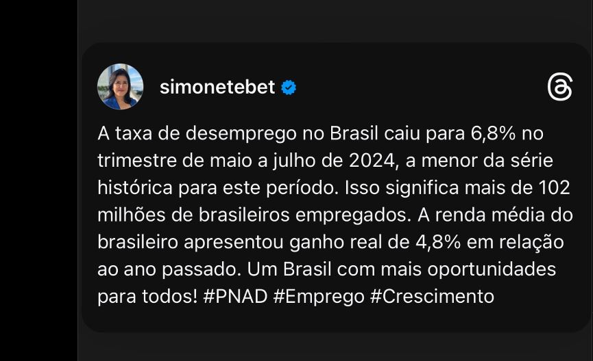 Declaração da Ministra sobre a Taxa de Desemprego no Brasil (Foto Reprodução/Instagram)