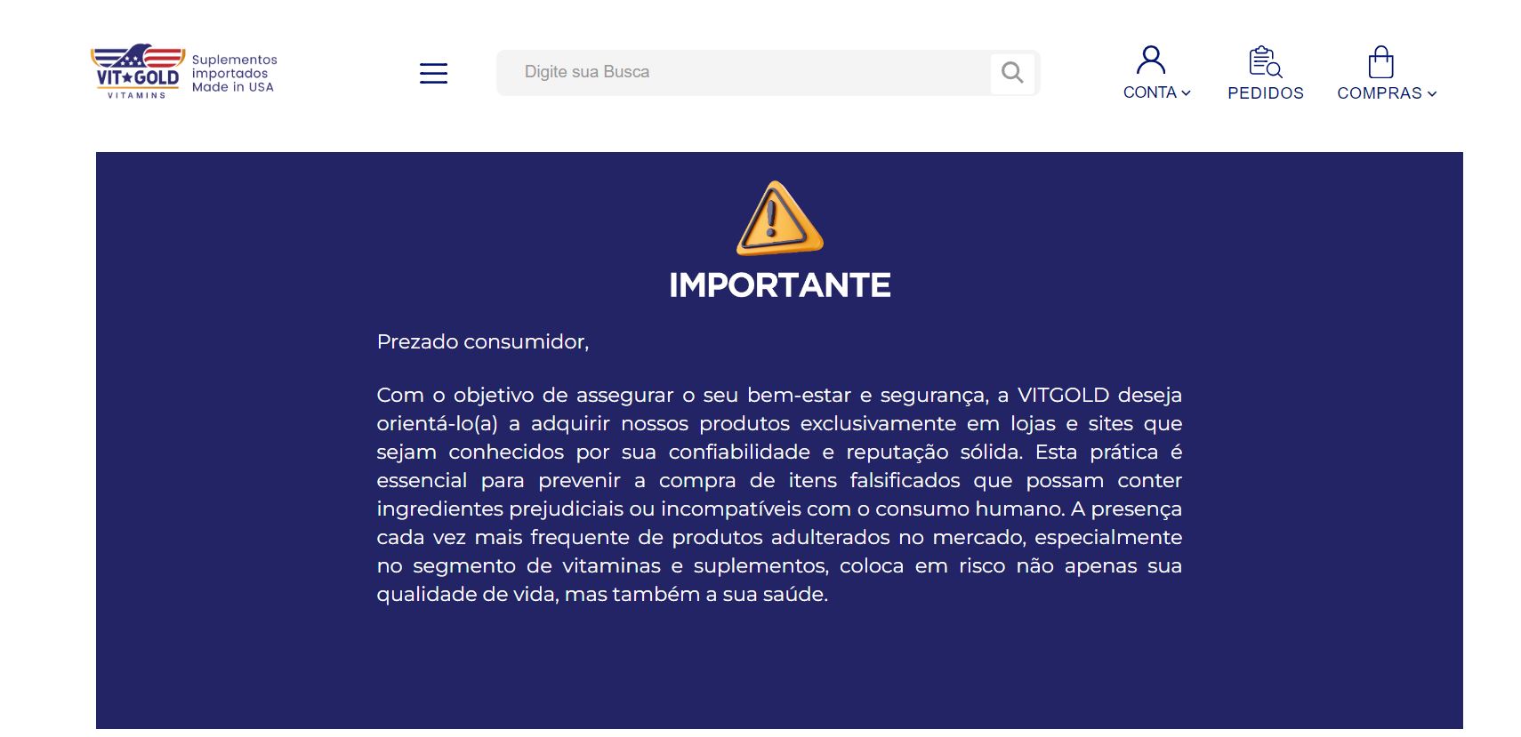 Alerta da Vit Gold sobre falsificação (Foto Reprodução/site oficial)