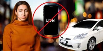 Cidade, mulher triste, lodo da Uber em celular e carro (Fotos: Reproduções / Canva / Internet)