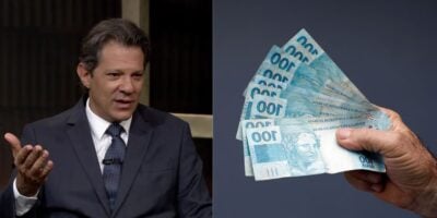 Fernando Haddad e homem segurando notas de cem reais (Fotos: Reproduções / GloboNews / Canva)