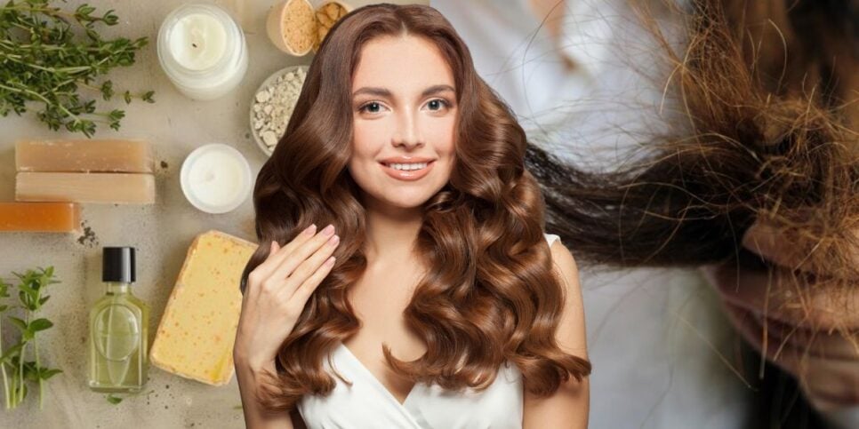 Ingredientes, mulher com o cabelo brilhante e fio seco (Fotos: Reprodução / Canva)