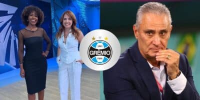 Maju Coutinho e Poliana Abritta no Fantástico, logo Grêmio e Tite (Fotos: Reproduções / Globo / Internet /  REUTERS/Hannah Mckay)