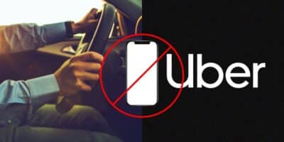 Motorista, ilustração celular bloqueado e logo Uber (Fotos: Reproduções / Canva / Internet)