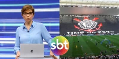 Renata Lo Prete no Jornal da Globo, logo  do SBT e bandeira do Corinthians (Fotos: Reproduções / Globo/ Emissora / Gabriel Carneiro/UOL)