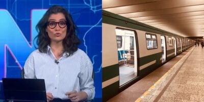 Renata Vasconcellos no Jornal Nacional e linha de metrô (Fotos: Reproduções / Globo / Canva)