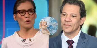 Renata Vasconcellos no Jornal Nacional, notas de Real e Fernando Haddad (Fotos: Reproduções / Globo / Canva / Ton Molina)