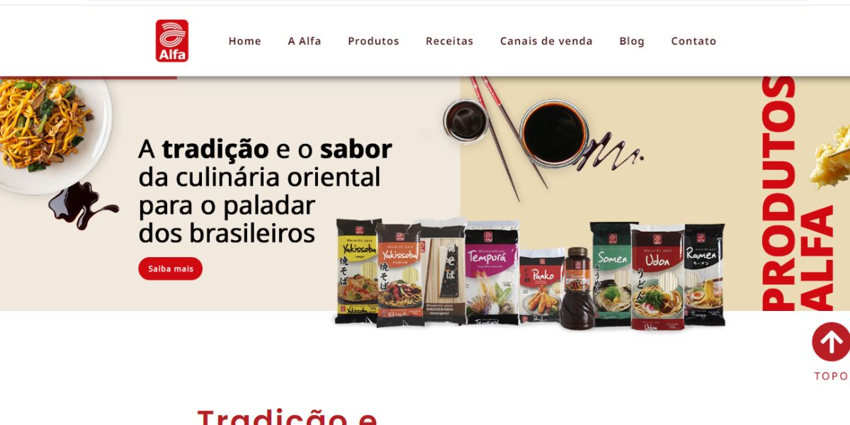 Site oficial da Alfa Alimentos, onde se encontra todos os alimentos comercializados (Reprodução: Internet)