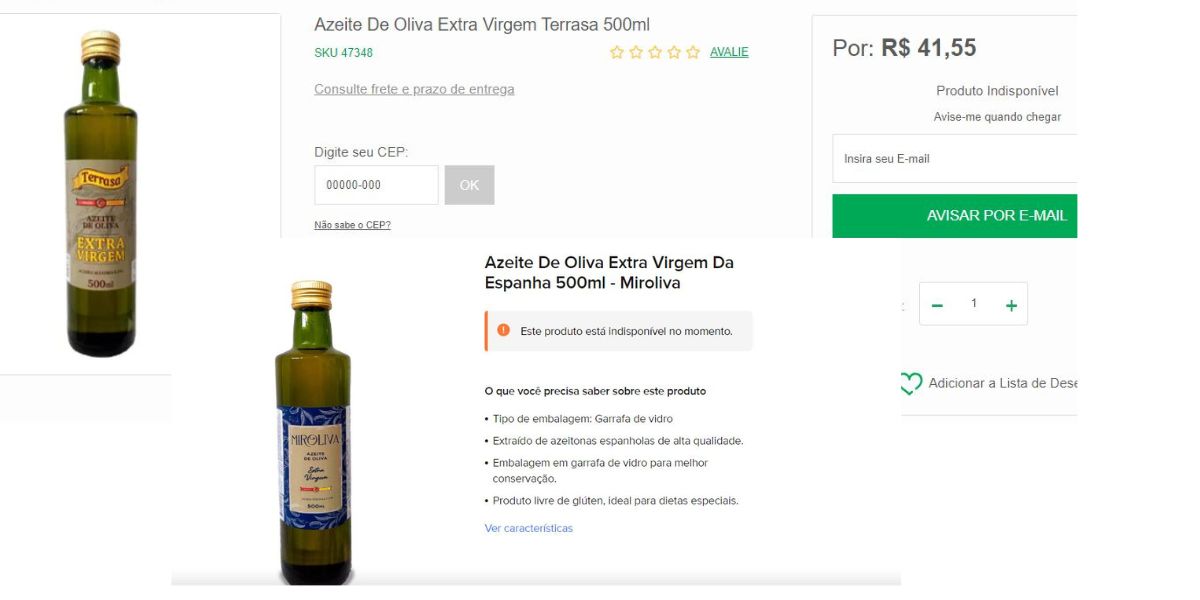 Azeites estão como indisponíveis nos principais pontos de venda (Foto Reprodução/Mercado Livre/Empório Vitto)