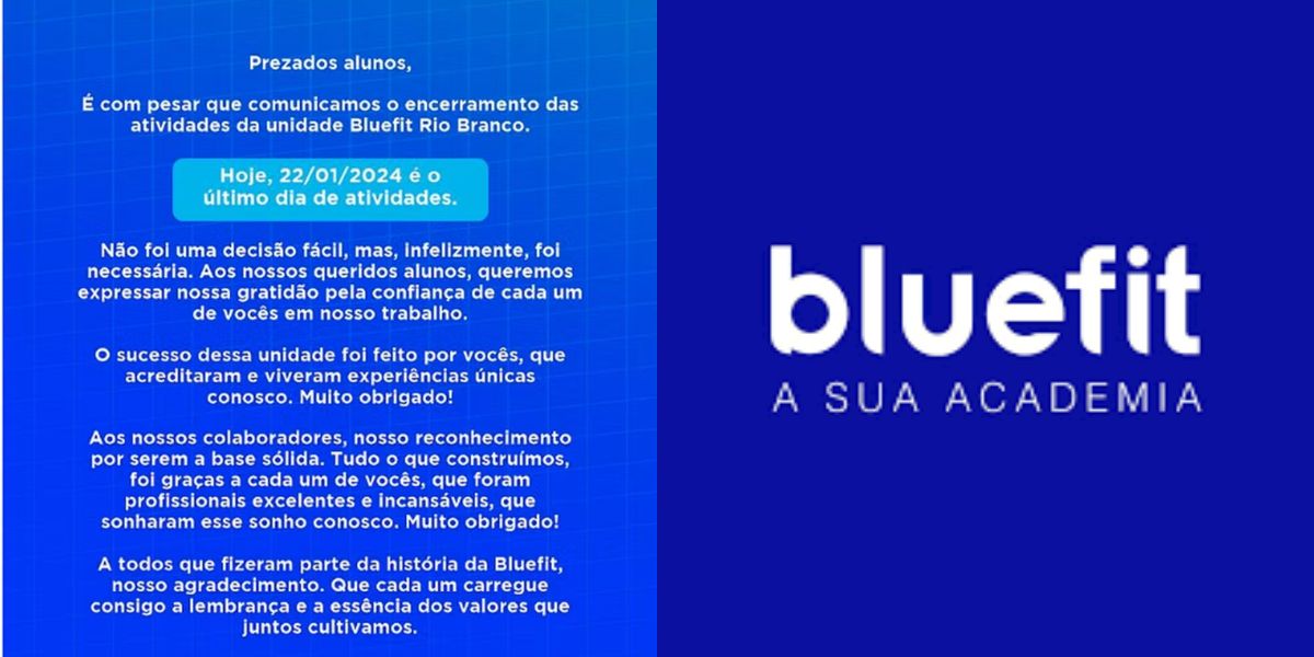 Comunicado da BlueFit com encerramento da unidade (Reprodução: Instagram)