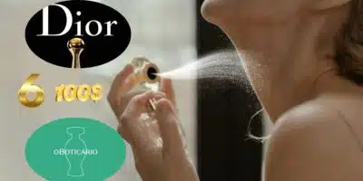 Logos da marca Dior e Boticário e idosa passando perfume (Foto: Reprodução / Canva / Montagem Tv Foco)