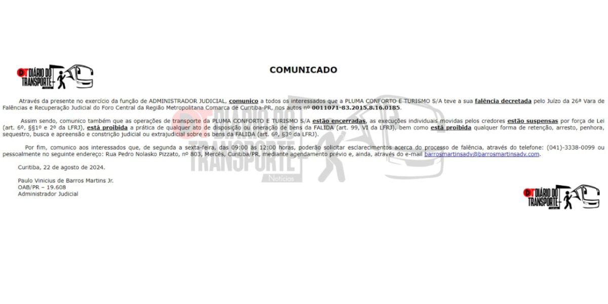 O comunicado da falência da empresa pela administradora (Reprodução: Internet)