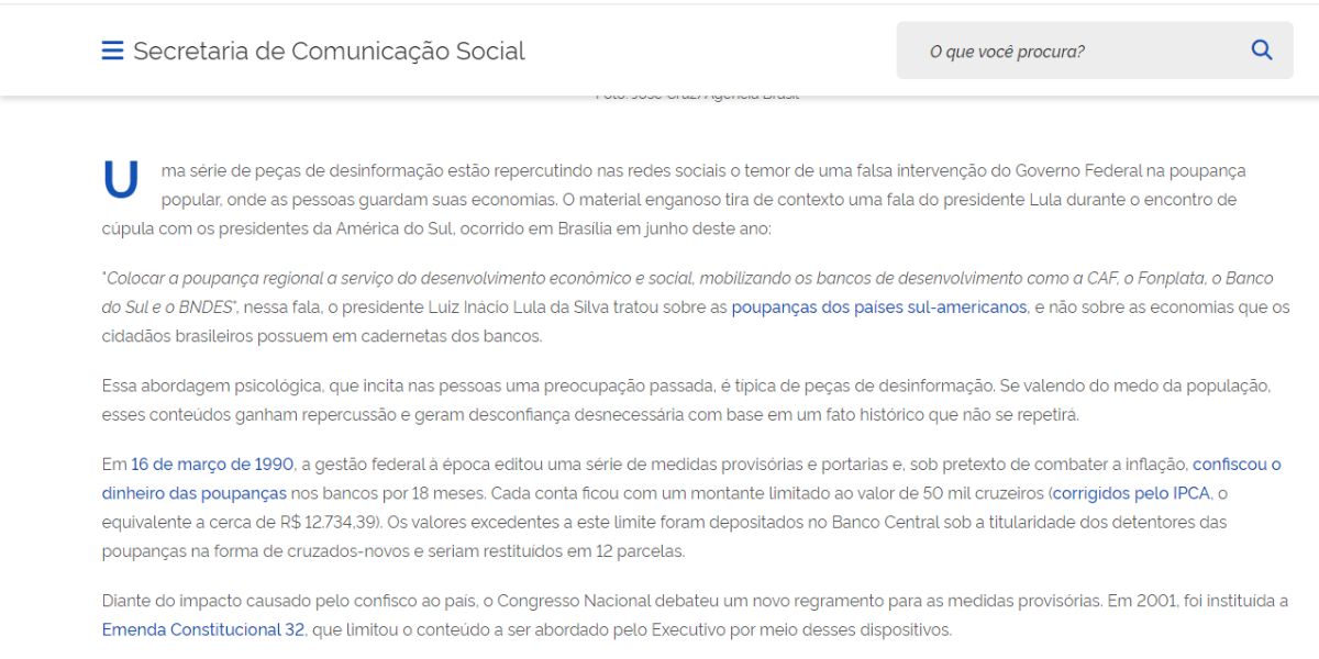 Comunicado do Governo sobre o confisco da poupança (Reprodução: Site Gov.br)