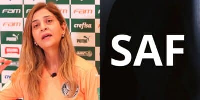 O anúncio de Leila Pereira sobre SAF no Palmeiras (Reprodução:  Fábio Menotti / Montagem TV Foco)