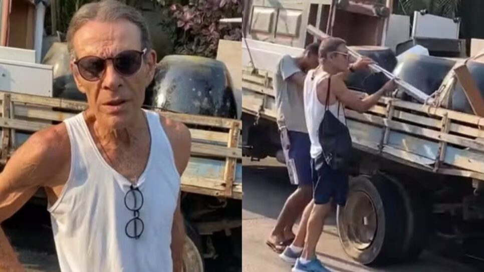 Ator Mário Gomes em vídeo que viralizou após despejo colocando pertences em carreta de mudança (Foto: Reprodução/ Sandro Cardozo/ Montagem)