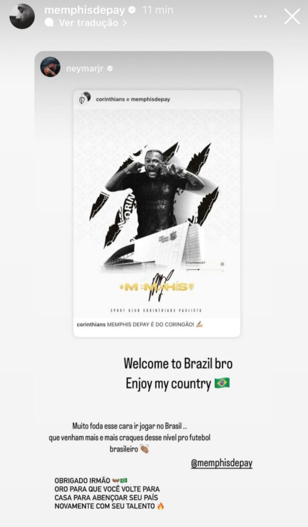 Neymar comemora chegada de Memphis Depay no Brasil, para jogador no Timão (Foto: Reprodução/Instagram)