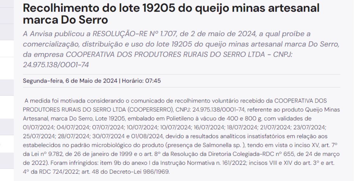 Pronunciamento da Anvisa sobre o queijo do Serro (Reprodução: Anvisa)