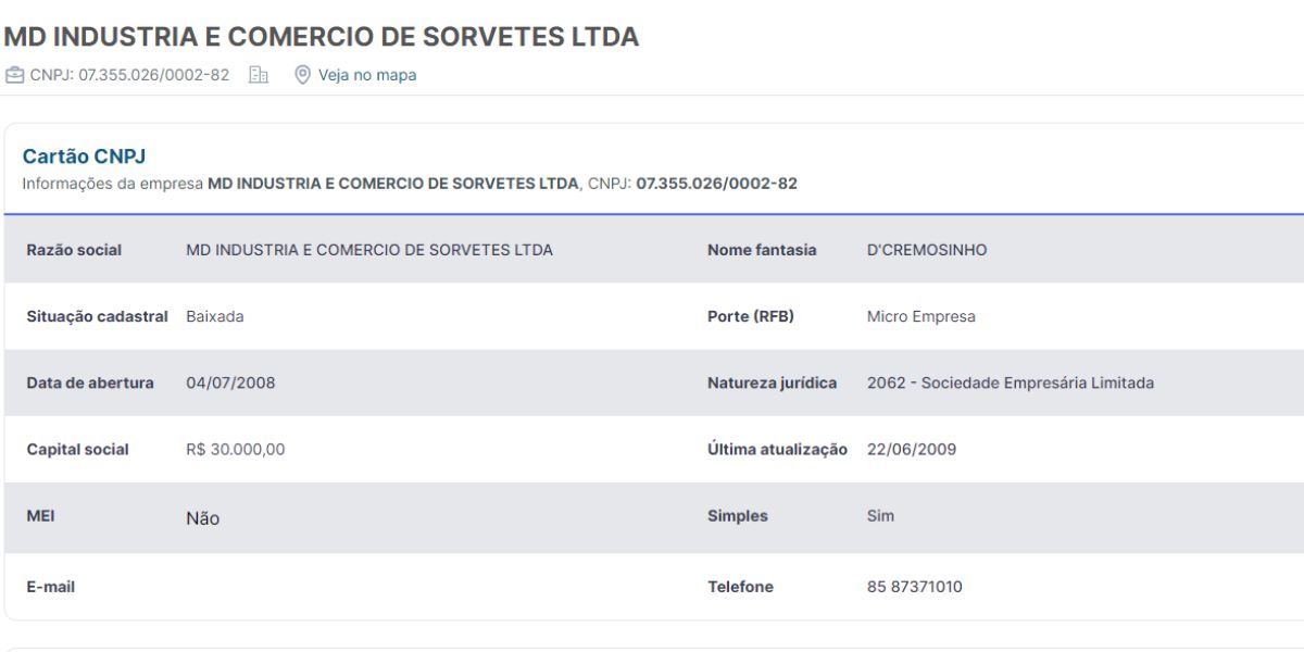 A empresa aparece como situação baixada (Reprodução: Internet)