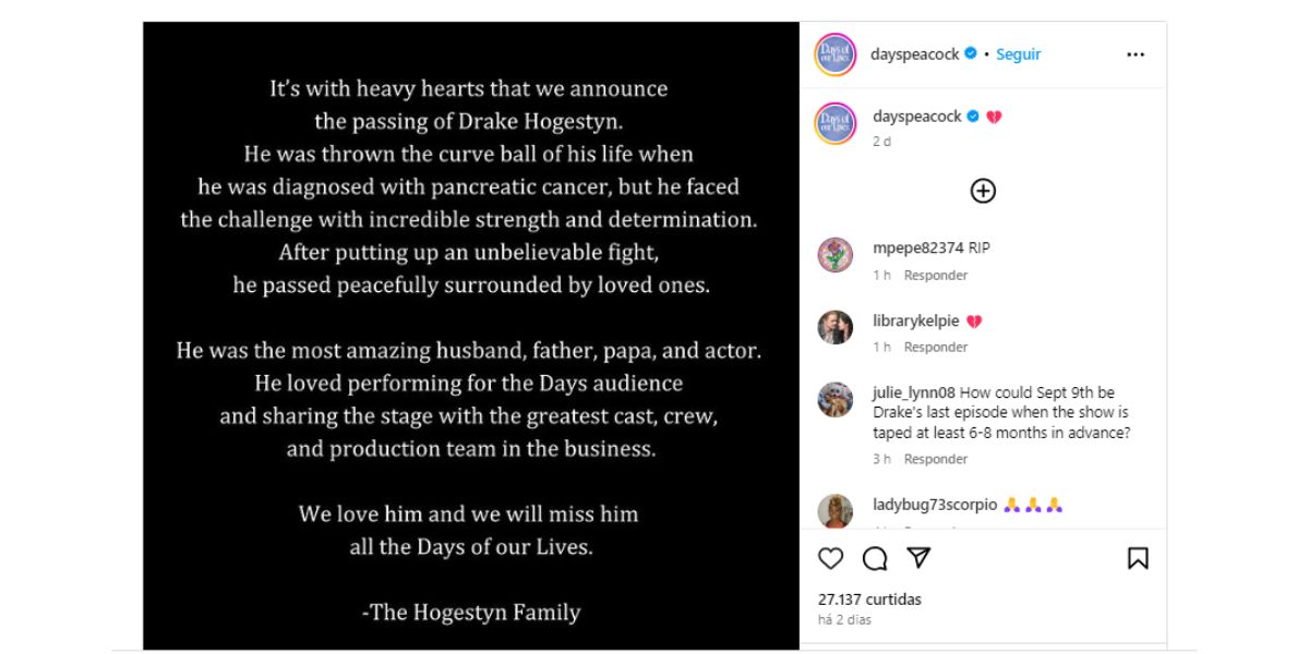 Anúncio morte Drake Hogestyn (Foto: Reprodução / Instagram)