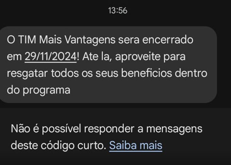 Mensagem por SMS da TIM informando o fim dos serviços (Foto Reprodução/Minha Operadora)