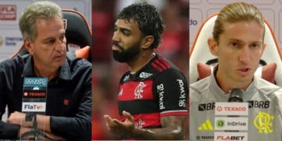 Landim e Filipe Luís cravam saída de Gabigol no Flamengo (Reprodução/Playmarker Brasil/Somos Fanáticos/Game Arena)