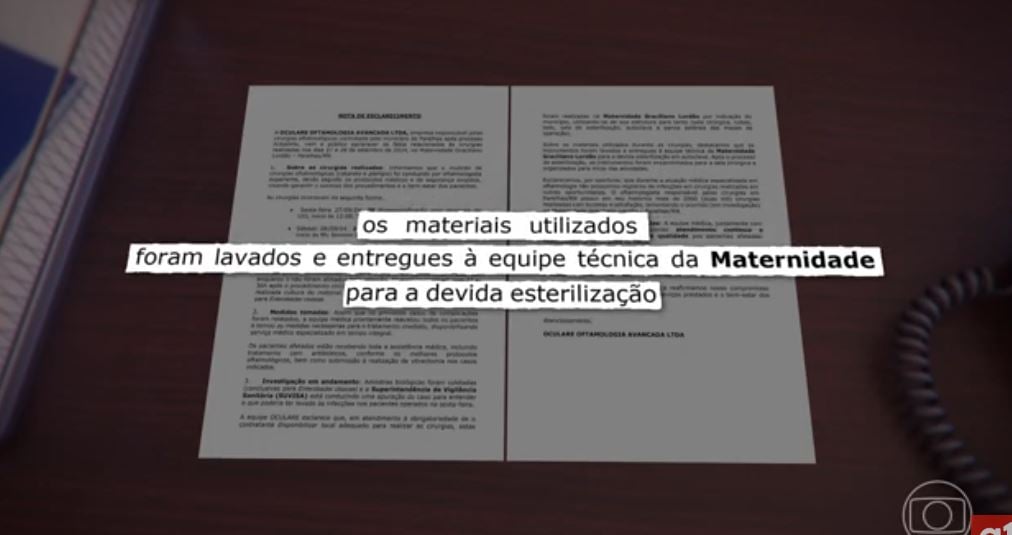 Nota divulgada pela Clínica Oculare (Maria Ernesto (Foto Reprodução/Globo)