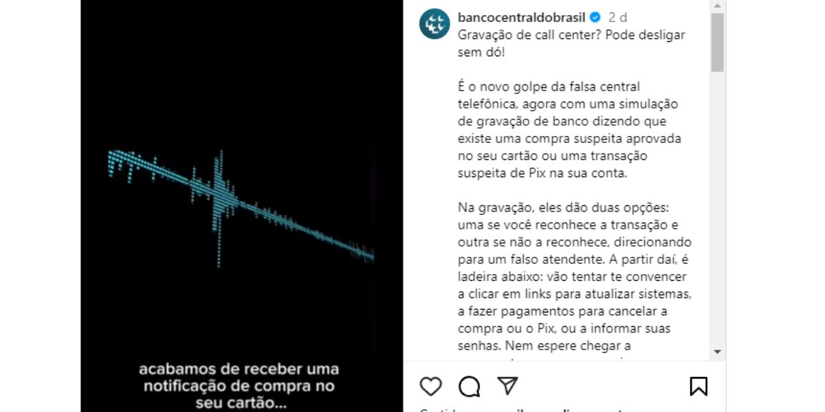 Alerta do Banco Central em suas redes sociais (Reprodução: Instagram)