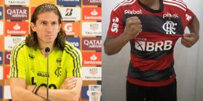 Filipe Luís em festa com 3 reforços ao Flamengo (Reprodução: Alexandre Vidal)