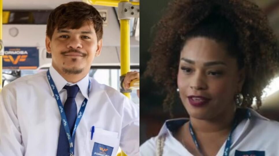 Sidney finalmente consegue um beijo de Cida, sua colega de trabalho na Viação Formosa (Fotos: Reprodução/ Divulgação, TV Globo/ Manoella Mello/ Montagem TV Foco)