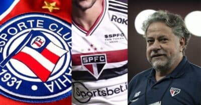 Casares e Nestor no São Paulo e escudo do Bahia (Reprodução - Internet)