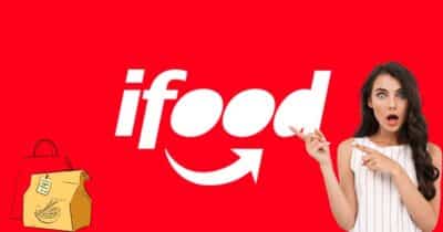 Logo iFood, mulher chocada e sacola  (Fotos: Reproduções / Canva/ site oficial)