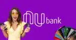 Mulher chocada, logo Nubank e cartões de crédito (Fotos: Reproduções / Canva / Internet)