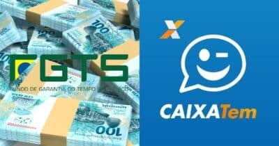 Notas de cem reais, FGTS e logo do Caixa Tem (Fotos: Reproduções / Canva / Internet)