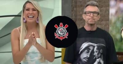 Renata Fan no Jogo Aberto, bandeira do Corinthians e Neto no Os Donos da Bola (Fotos: Reproduções / Band / Canva)