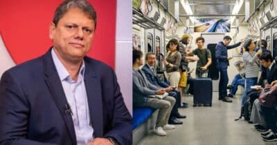 Tarcísio de Freitas e ilustração de pessoas no metrô (Fotos: Reproduções / G1 / Canva)