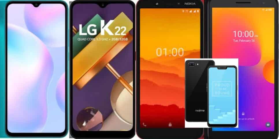 Xiaomi Redmi 9A; LG K22; Nokia C1; Alcatel 1B e Realme C11(Foto Reprodução/Montagem/Google Shopping)