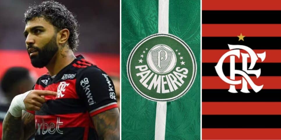 Gabigol e logo do Palmeiras e Flamengo (Foto: Reprodução / FFC / PFC)