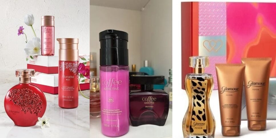 Uso da linha completa dos perfumes auxiliam a manter o perfume por mais tempo (Foto Reprodução/Montagem/Lennita/Boticário/Enjoei)