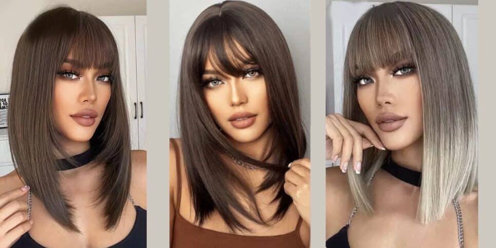 Cabelo médio com franja e liso em tons de castanhos e com reflexos (Foto Reprodução/Montagem/Lennita/Tv Foco/Pinterest)