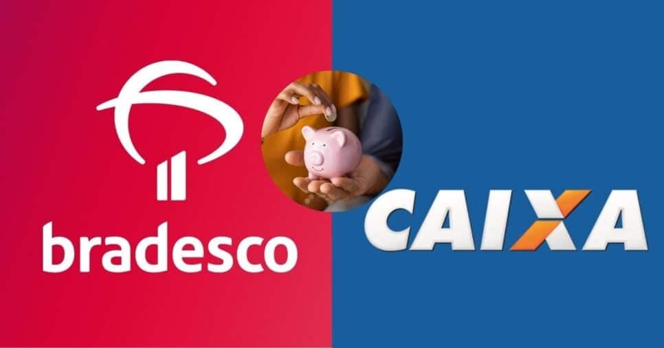 Bradesco, ilustração poupança e Caixa (Fotos: Reproduções / Internet / Canva)